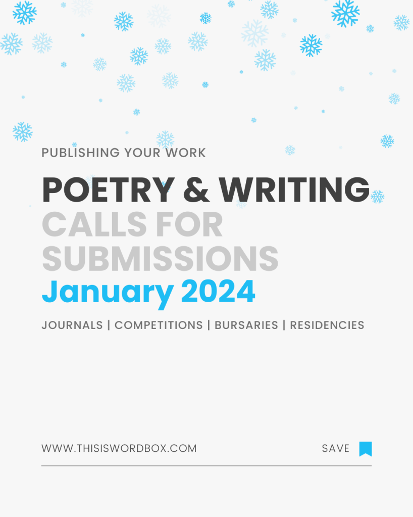 Graphic has light grey background with ice blue snowflakes falling from top edge. Text reads: Publishing Your Work | Poetry & Writing Calls for Submissions January 2023: Journals, Competitions, Bursaries, Residencies